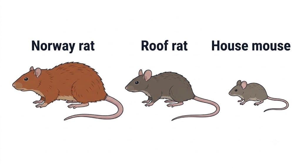 Comparison of Norway rat, roof rat and house mouse size and features