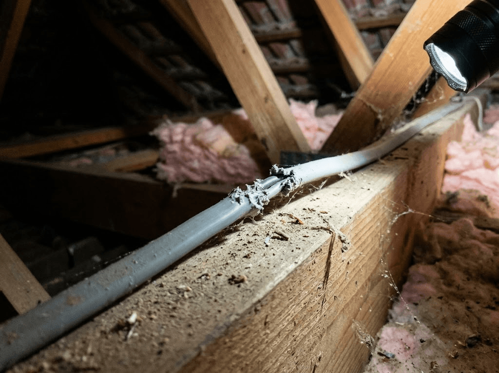 Electrical cable with rodent gnaw marks in a roof space, showing fire risk