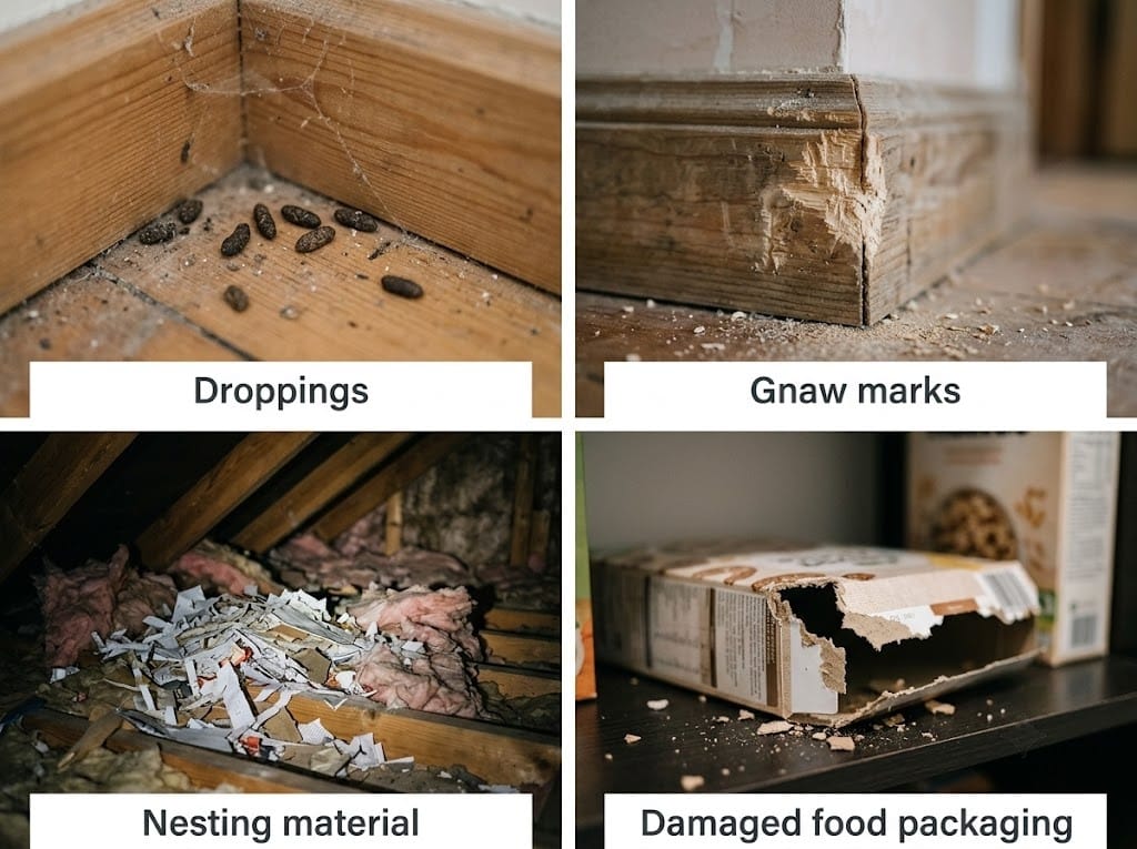 Signs of rodent infestation including droppings, gnaw marks, nesting material and rub marks